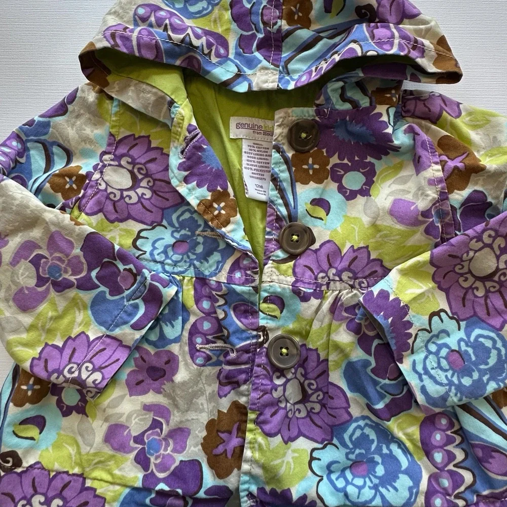 Oshkosh purple green floral print hooded jacket baby girl 12 mo button closure‎